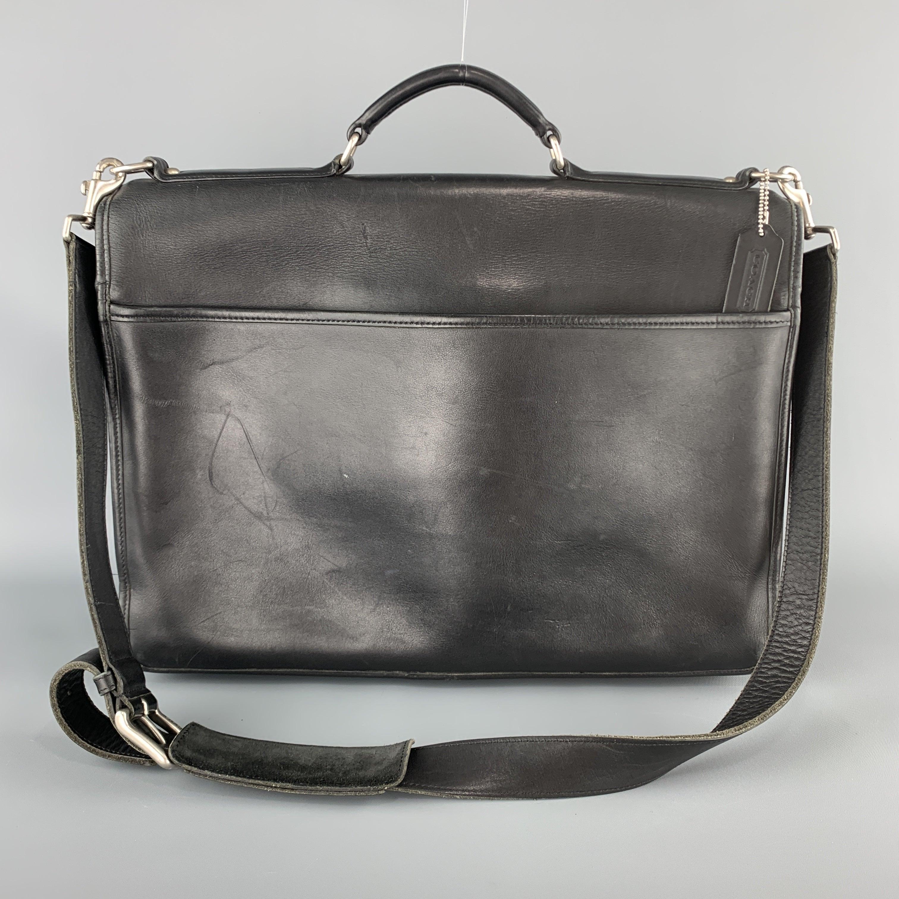 Men's COACH Black Leather Shoulder Strap Double Closure Briefcase For Sale