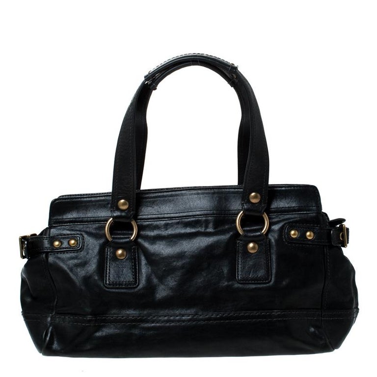 Coach Black Leather Handbag with Three Compartments/Pleated Front