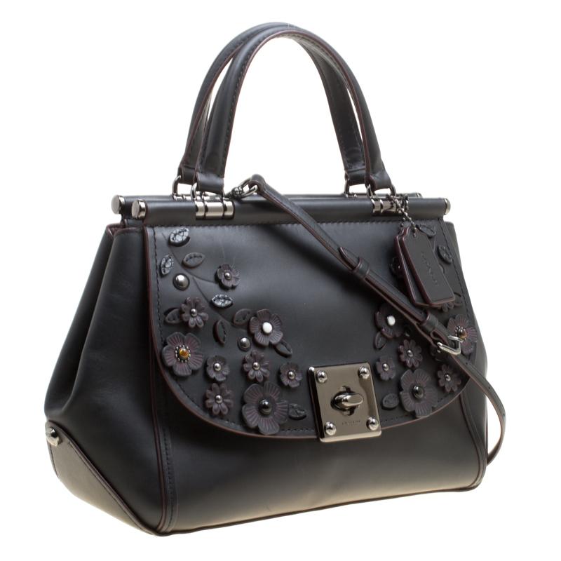 Coach Black Leather Willow Floral Applique Drifter Top Handle Bag For ...