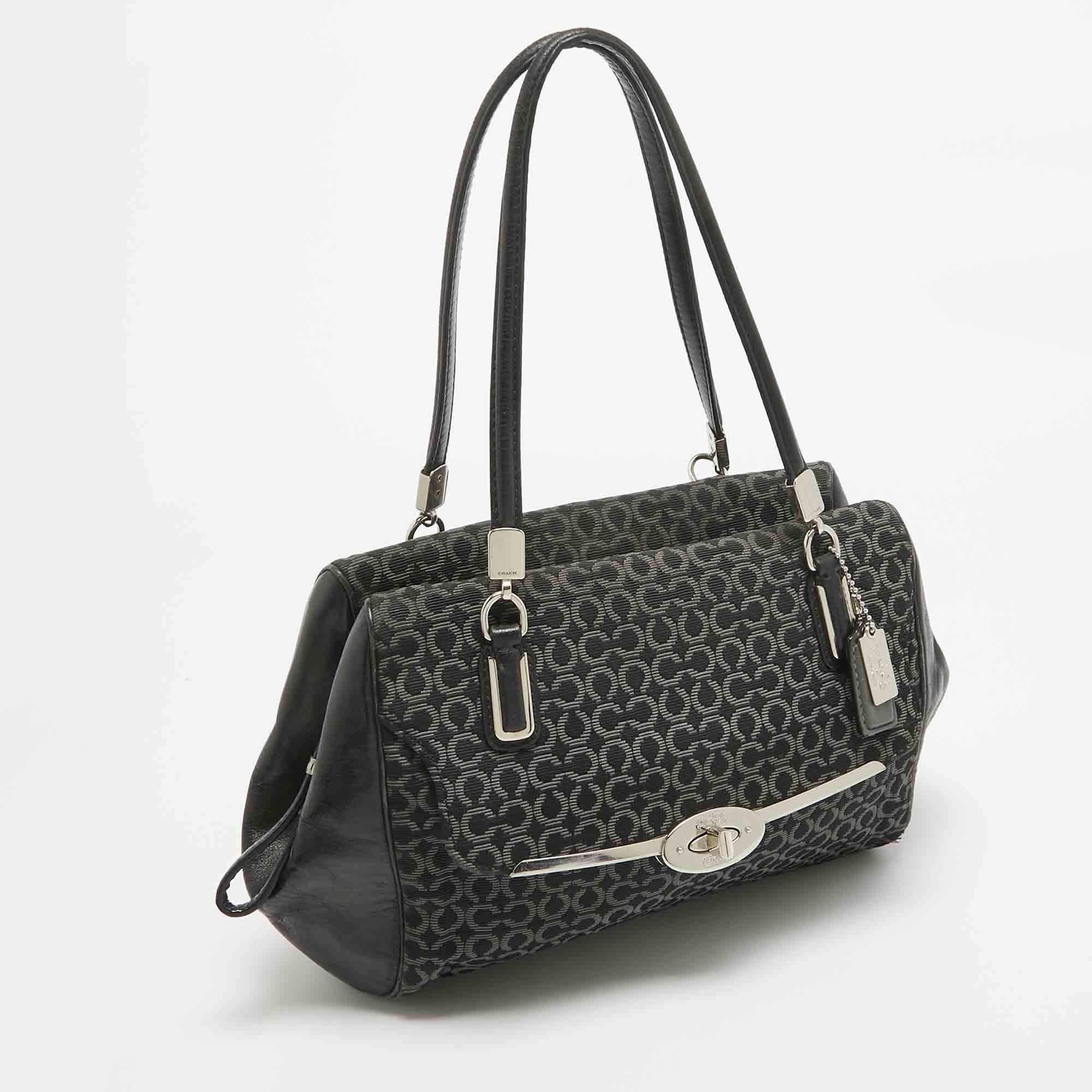 Coach Black Op Art Fabric and Leather Madison Madeline Satchel In Excellent Condition For Sale In Dubai, Al Qouz 2