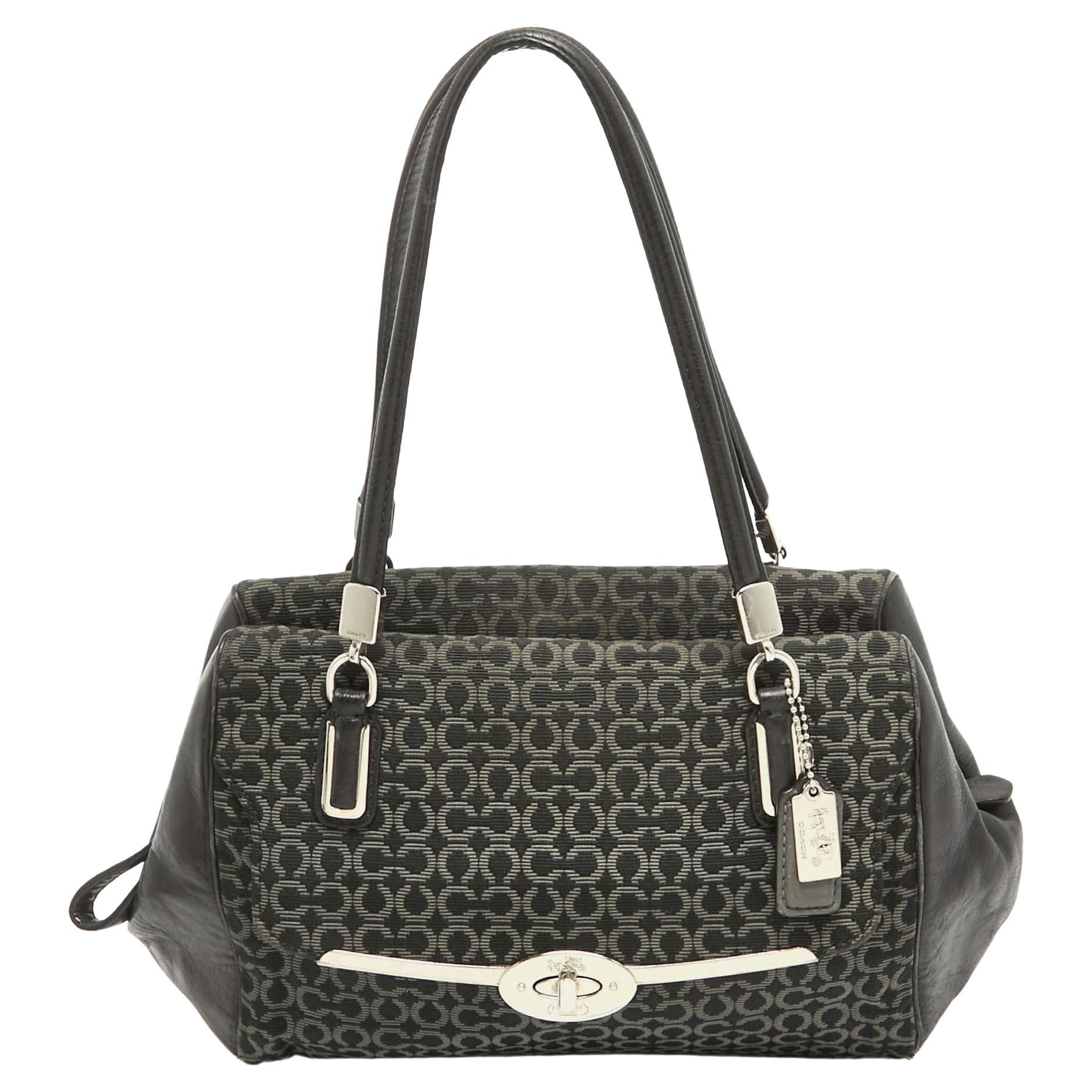Coach Black Op Art Fabric and Leather Madison Madeline Satchel For Sale