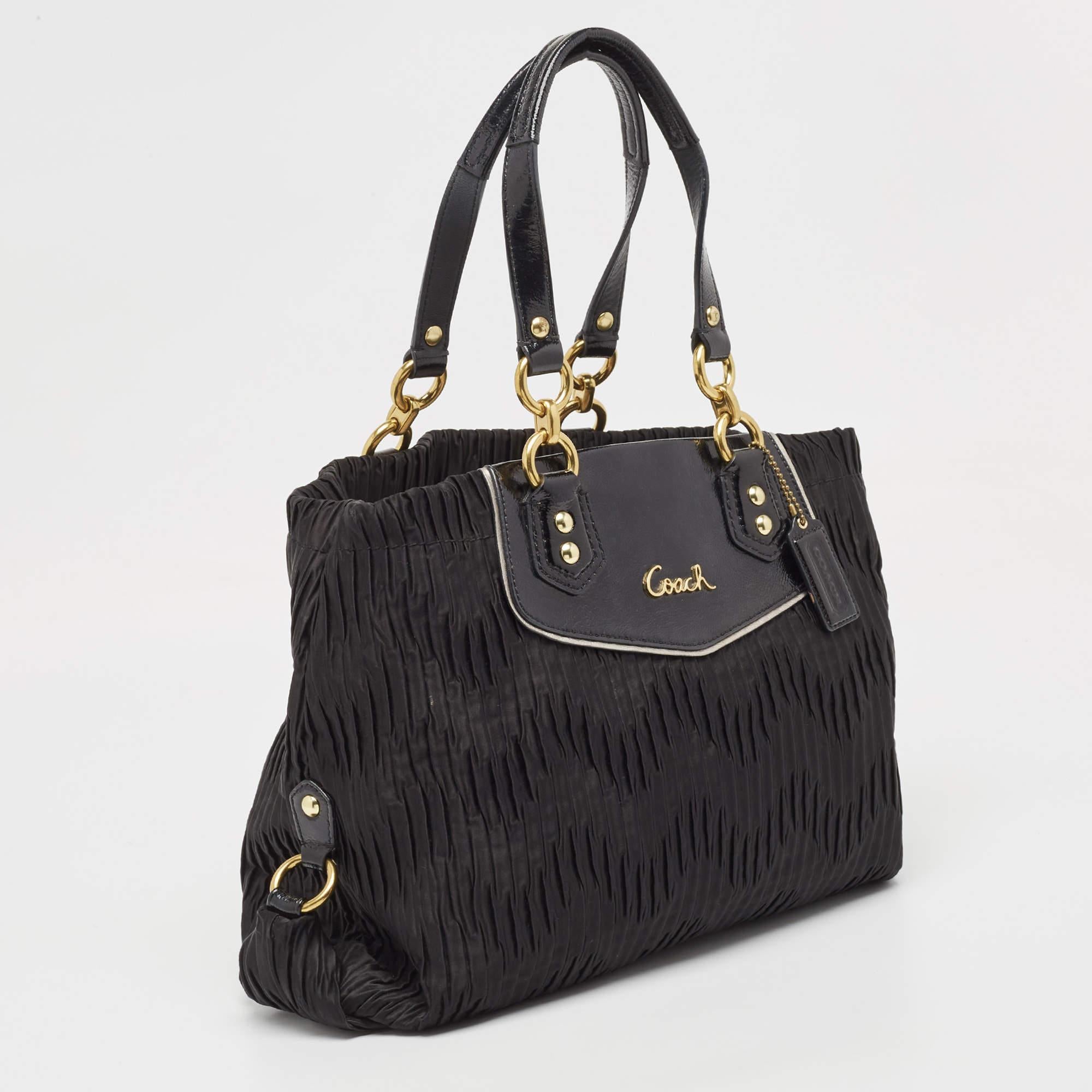 Coach Black Pleated Satin and Patent Leather Ashley Tote In Good Condition In Dubai, Al Qouz 2