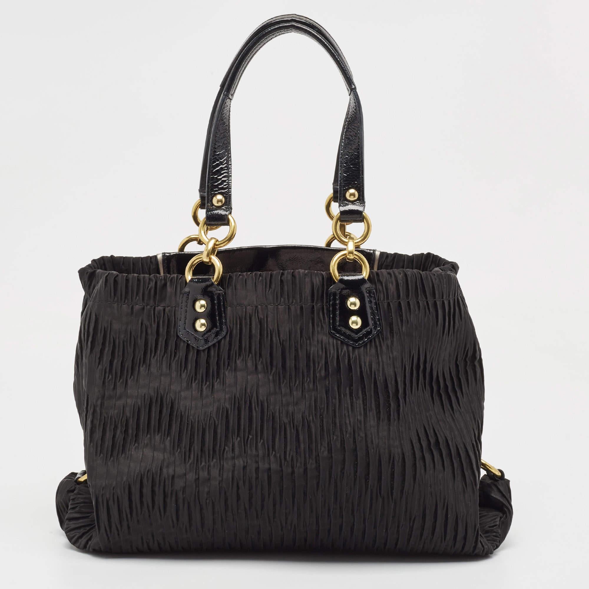 Women's Coach Black Pleated Satin and Patent Leather Ashley Tote