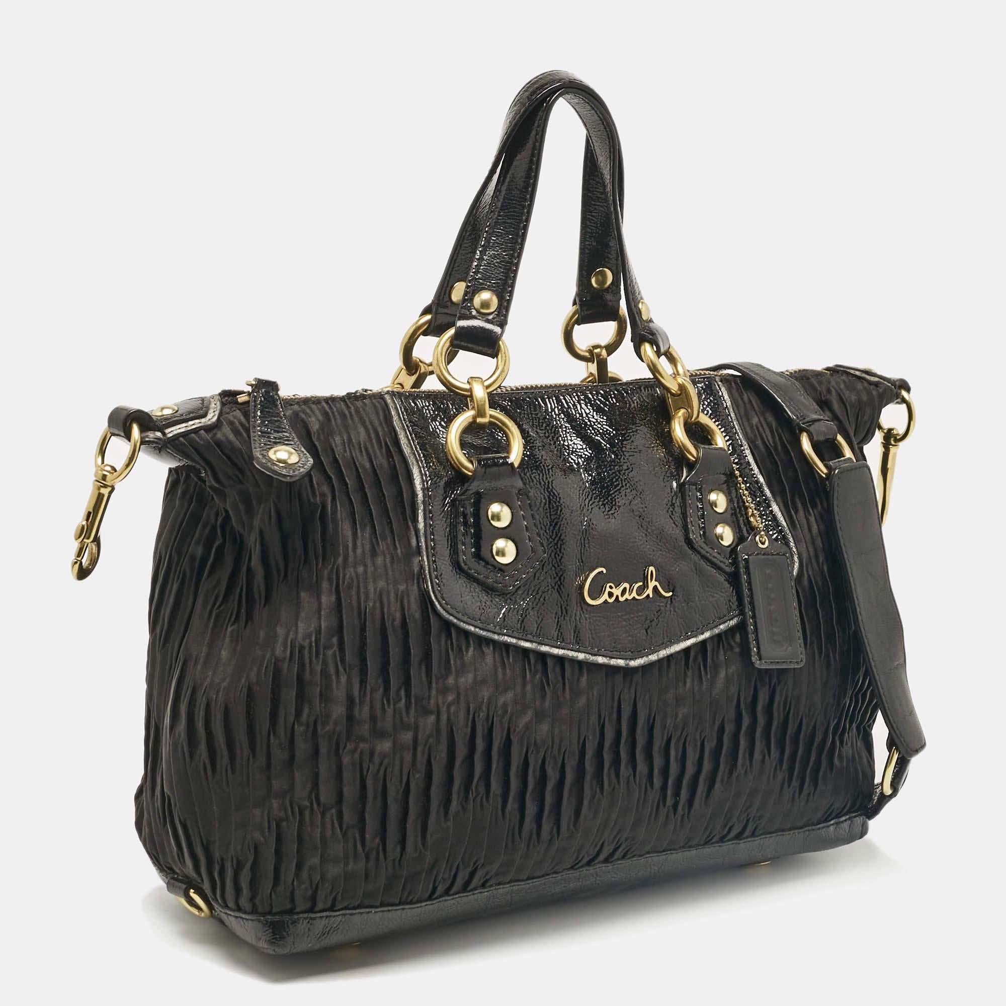 Coach Black Satin and Patent Leather Ashley Tote In Good Condition For Sale In Dubai, Al Qouz 2