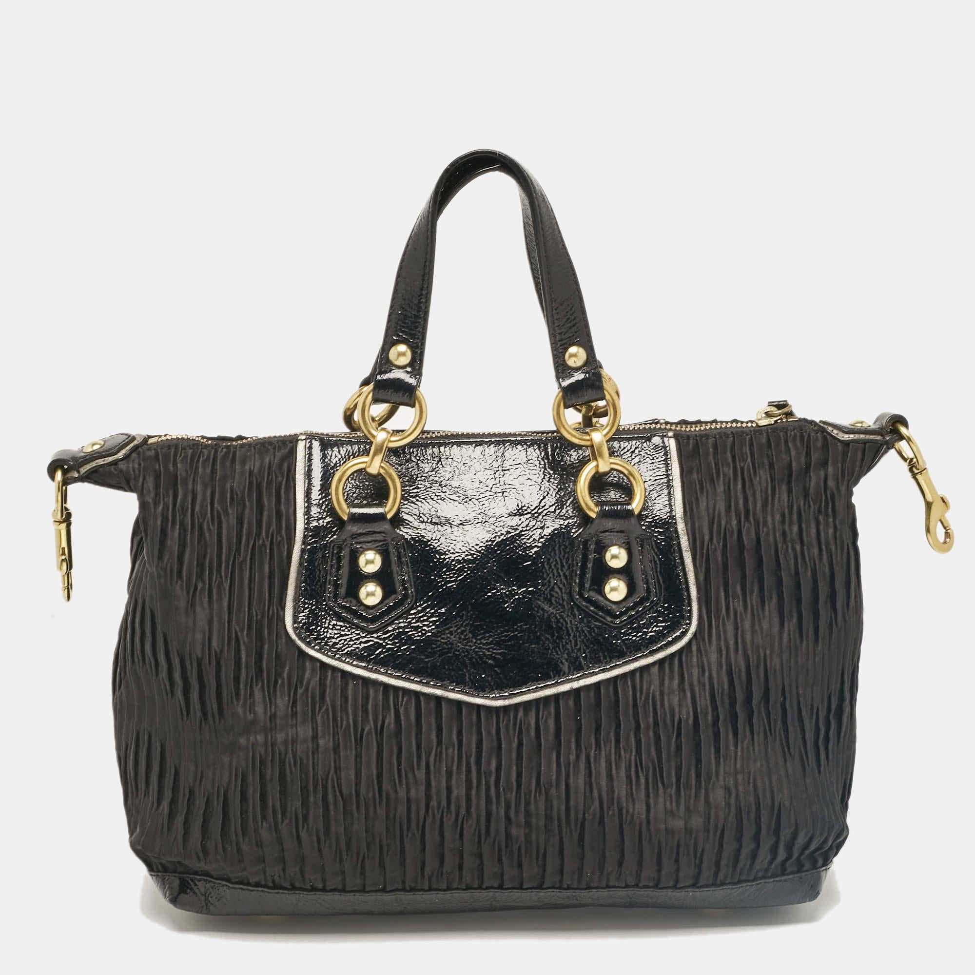 Women's Coach Black Satin and Patent Leather Ashley Tote For Sale