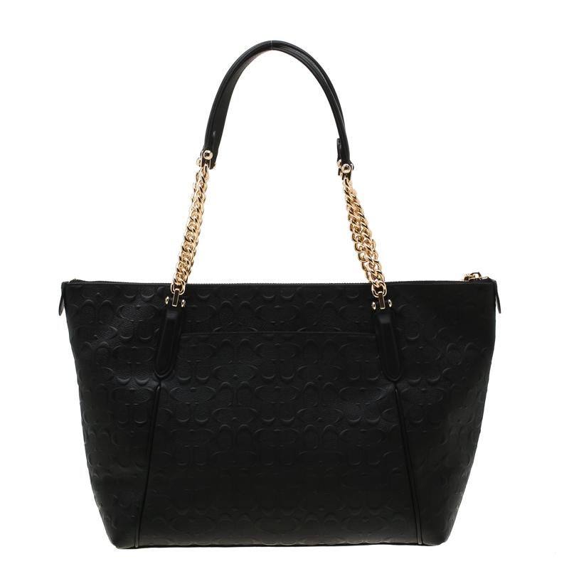 Coach Black Signature Embossed Leather Ava Zip Chain Tote