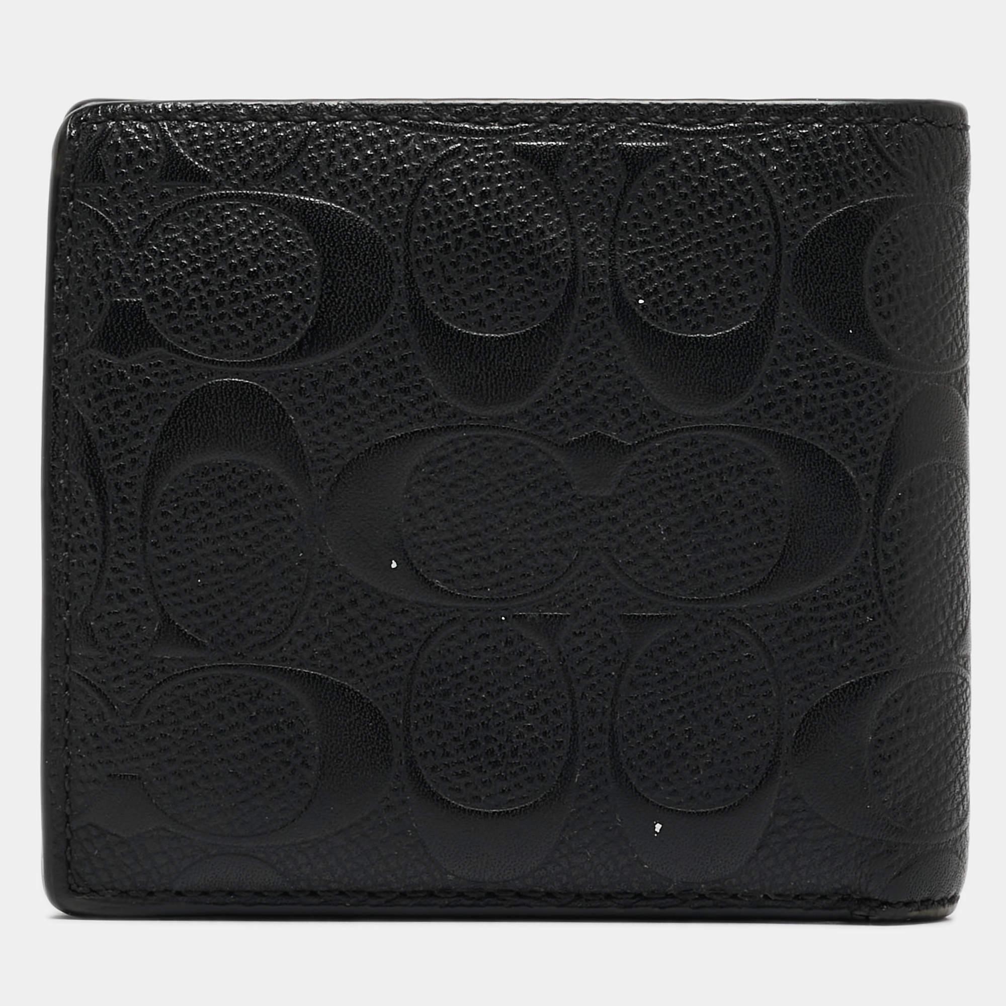 Coach Black Signature Embossed Leather Bifold Wallet For Sale 2
