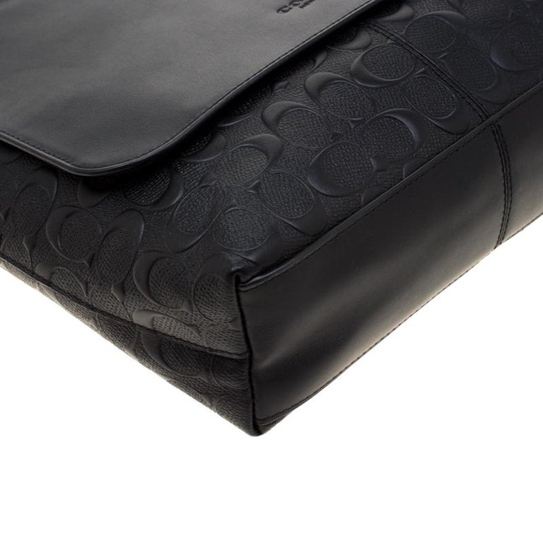 Coach Black Signature Embossed Leather Charles Messenger Bag For Sale