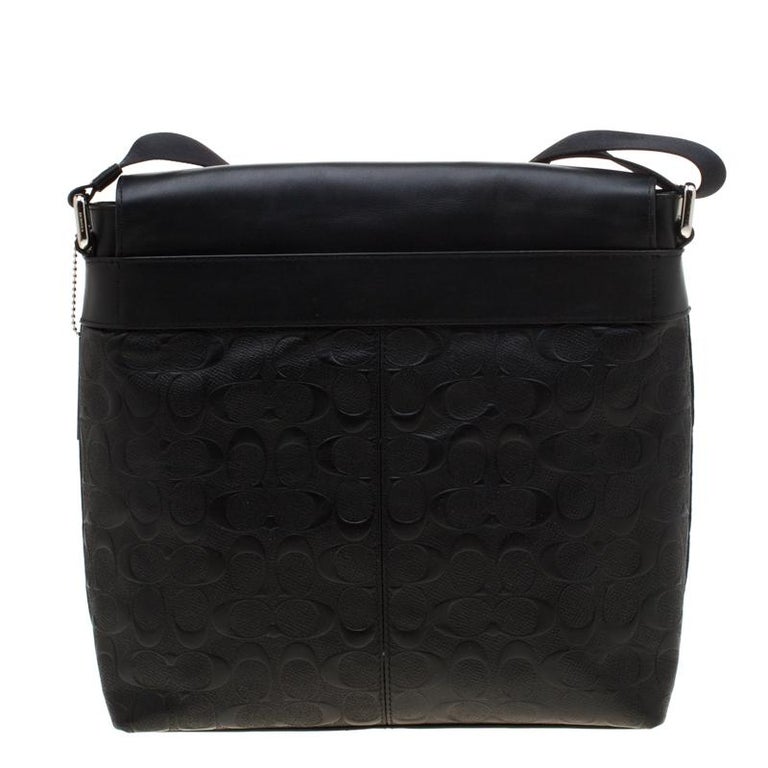 Coach Black Signature Embossed Leather Charles Messenger Bag For Sale