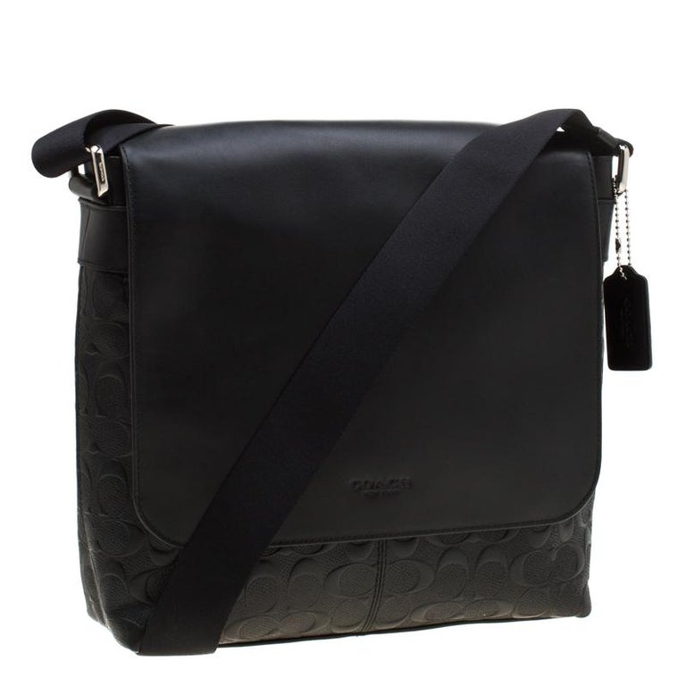 Coach Black Signature Embossed Leather Charles Messenger Bag For Sale ...