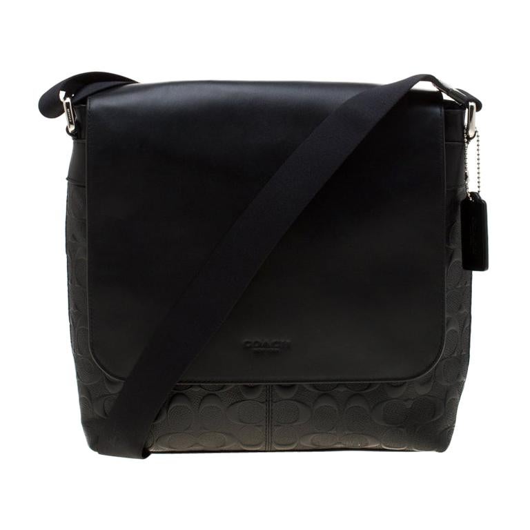 Coach Black Signature Embossed Leather Charles Messenger Bag For Sale ...