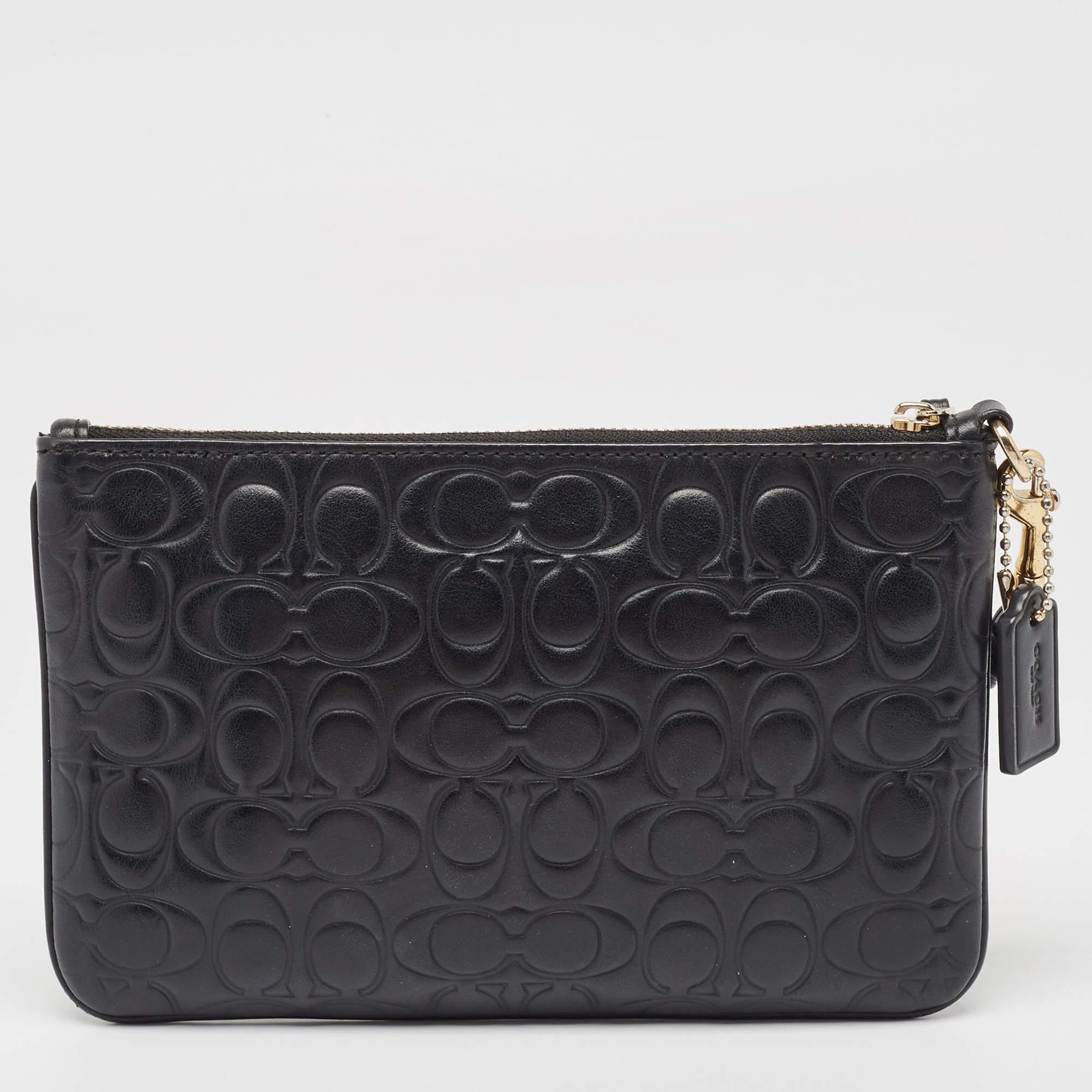 Women's Coach Black Signature Embossed Leather Wristlet Pouch For Sale