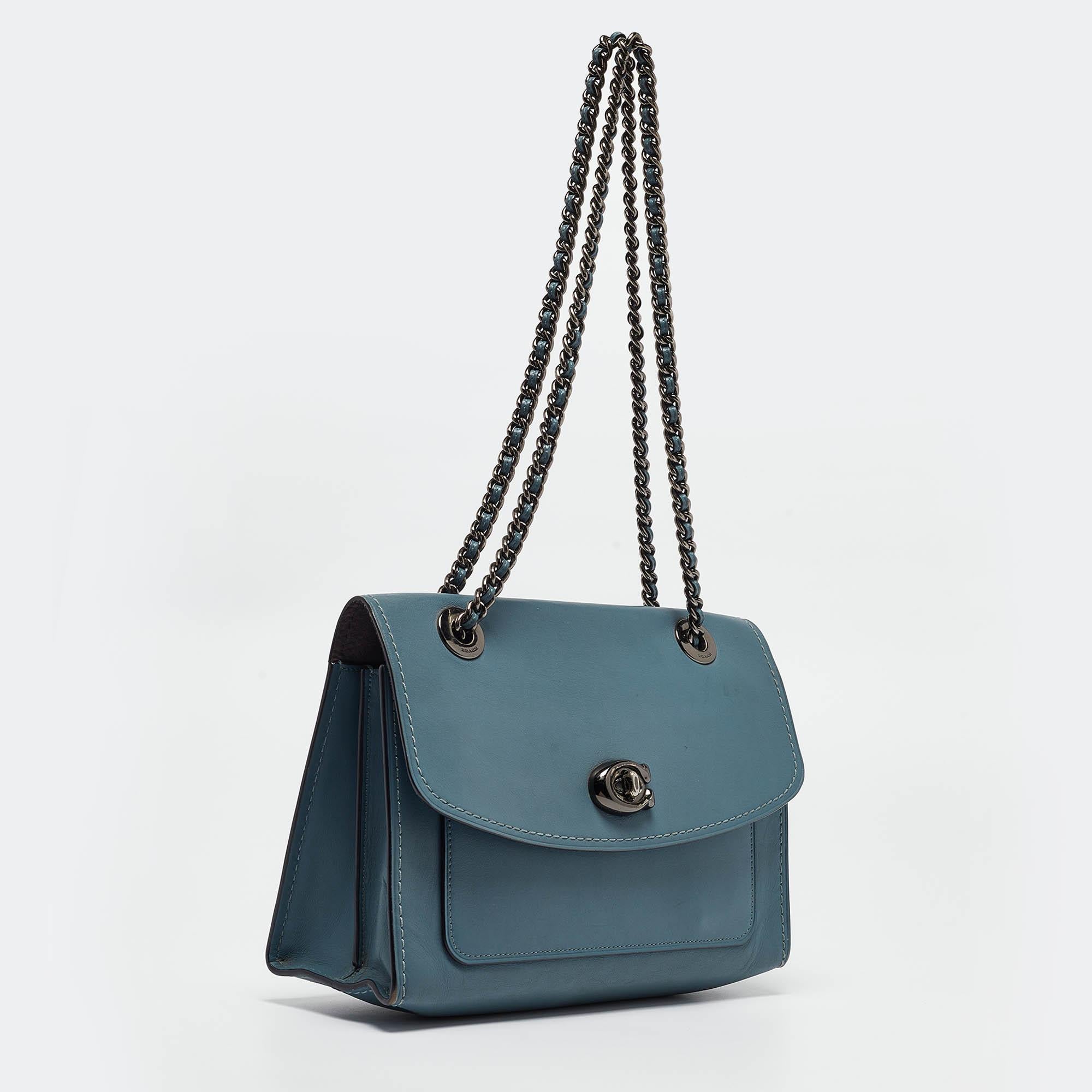 Gray Coach Blue Leather Small Parker Chain Flap Shoulder Bag