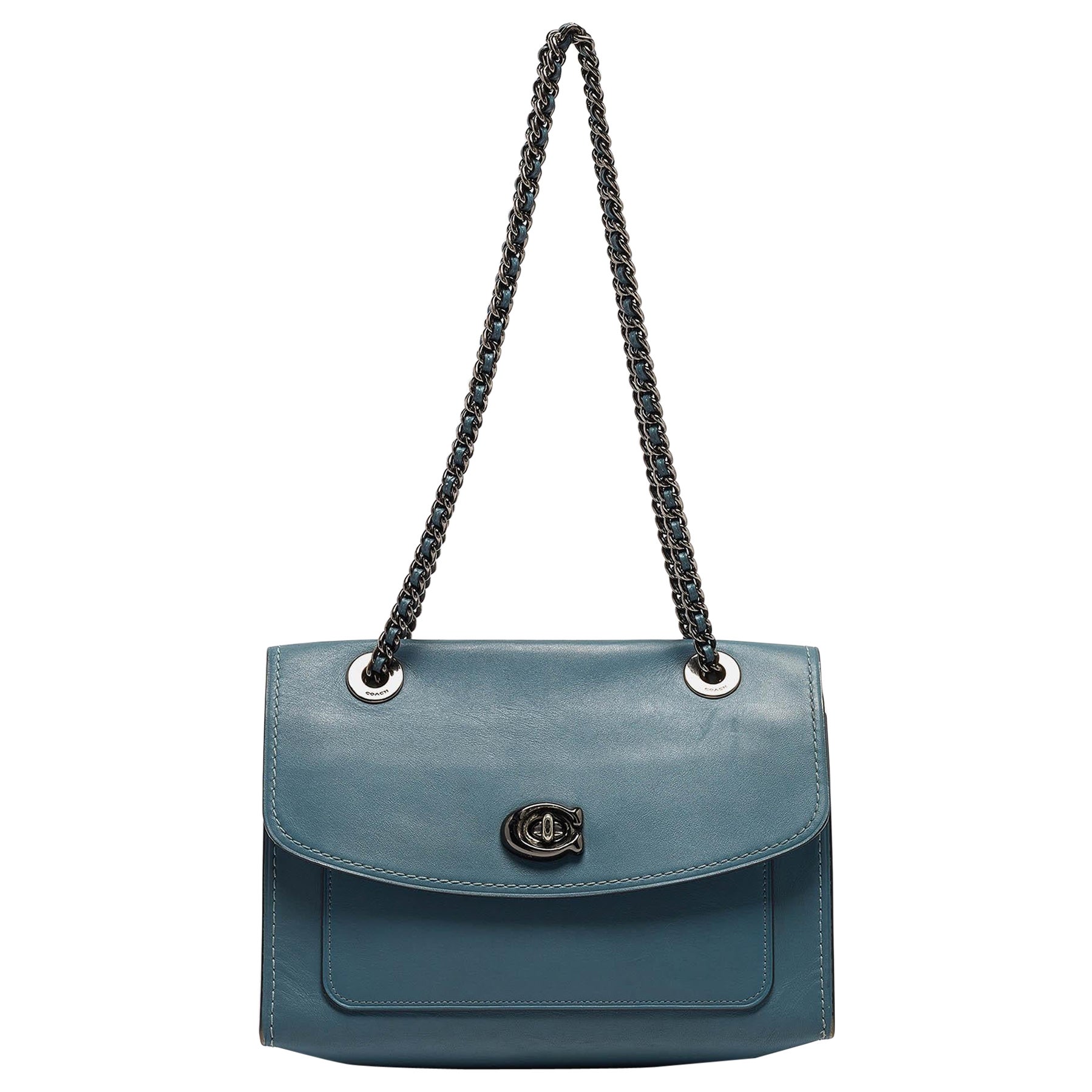 Coach Blue Leather Small Parker Chain Flap Shoulder Bag