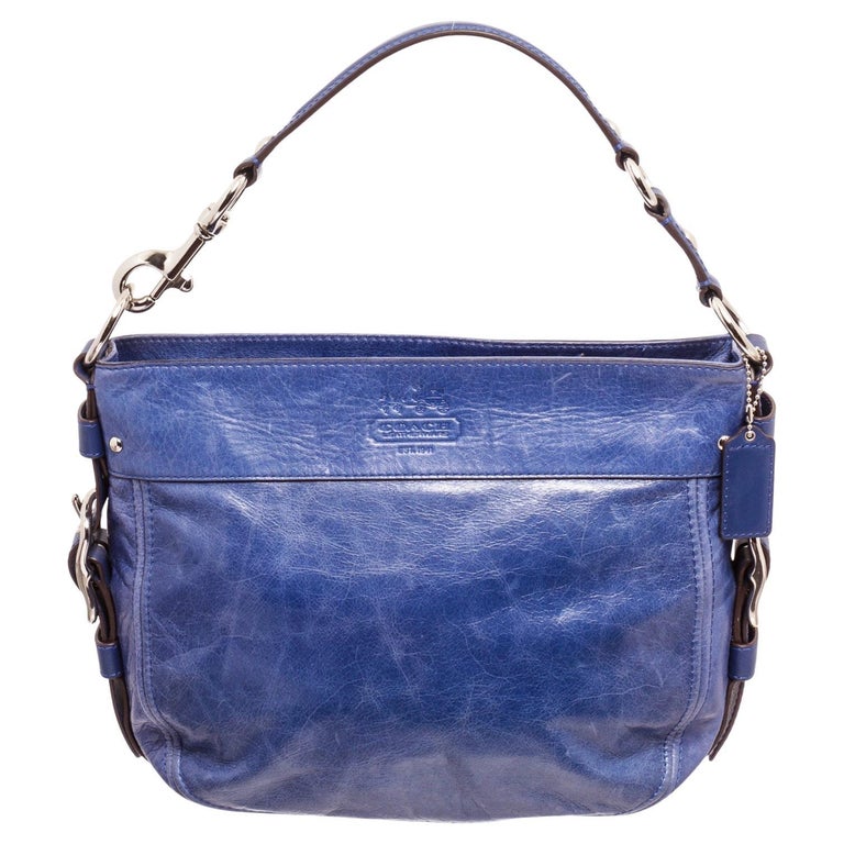 Coach Blue Leather Zoe Hobo Bag with gold-tone hardware, interior