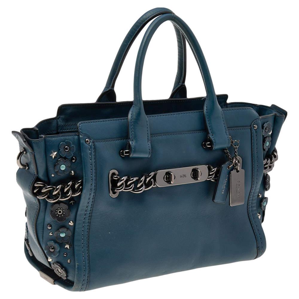 Black Coach Blue Patch Embellished Leather Swagger 27 Carryall Satchel