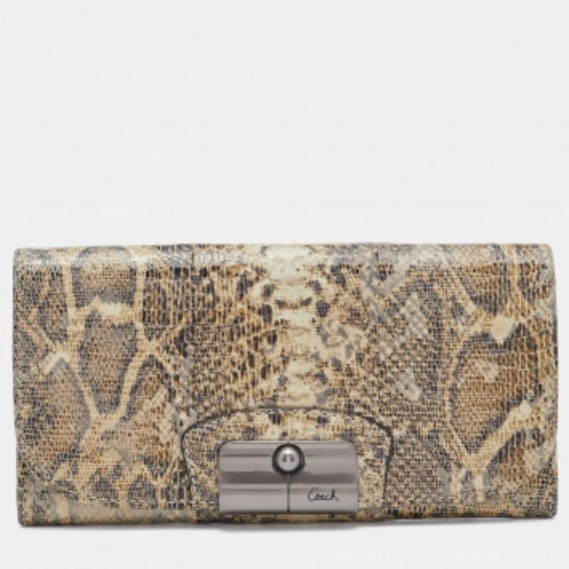 Cartera continental con solapa de piel repujada de pitón marrón/beige Coach en venta 3