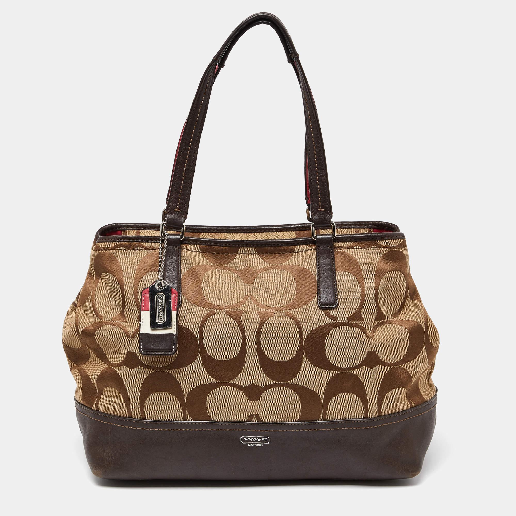 Women's Coach Brown/Beige Signature Canvas and Leather Hamptons Weekend Tote