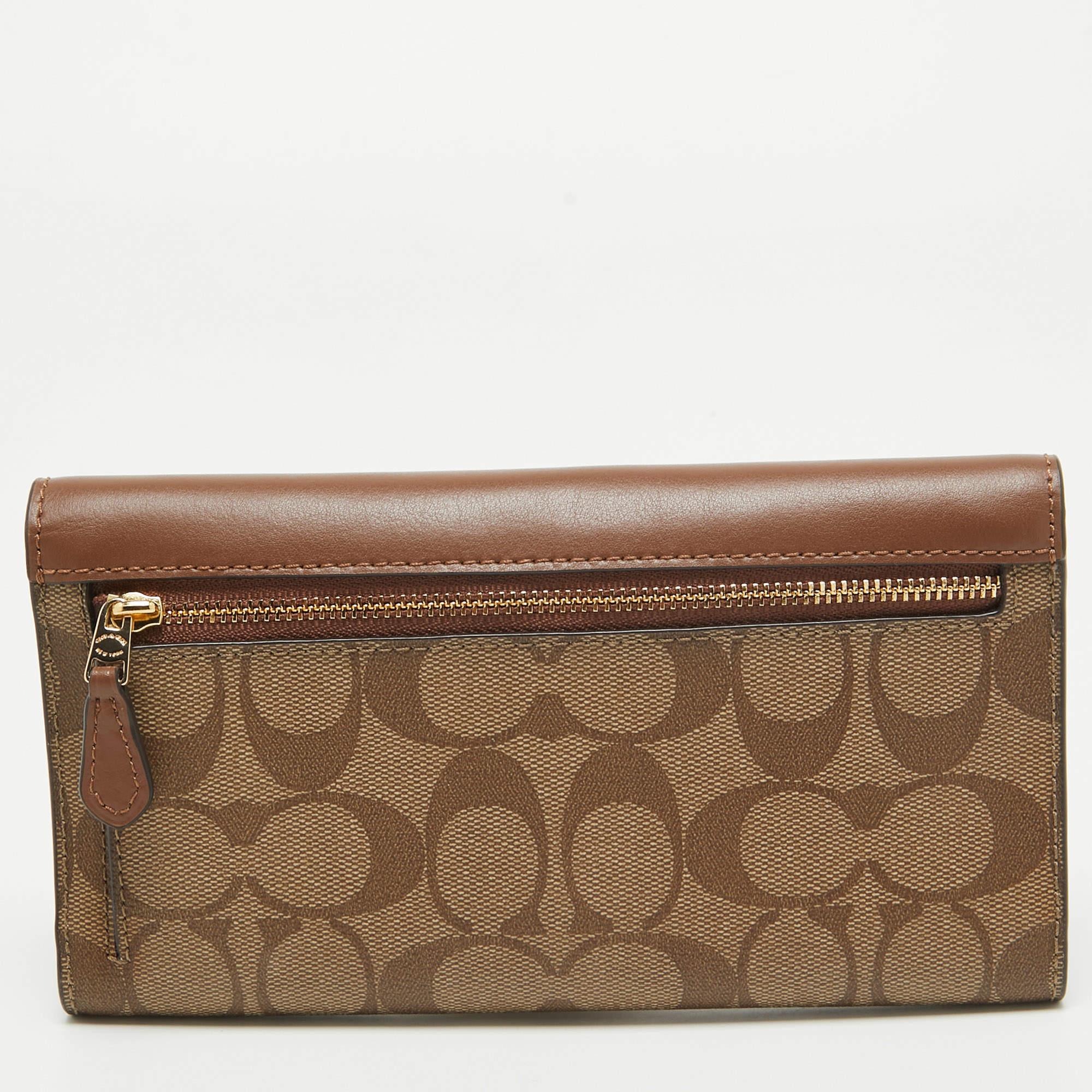 Coach Brown/Beige Signature Coated Canvas and Leather Trifold Long Wallet For Sale 3