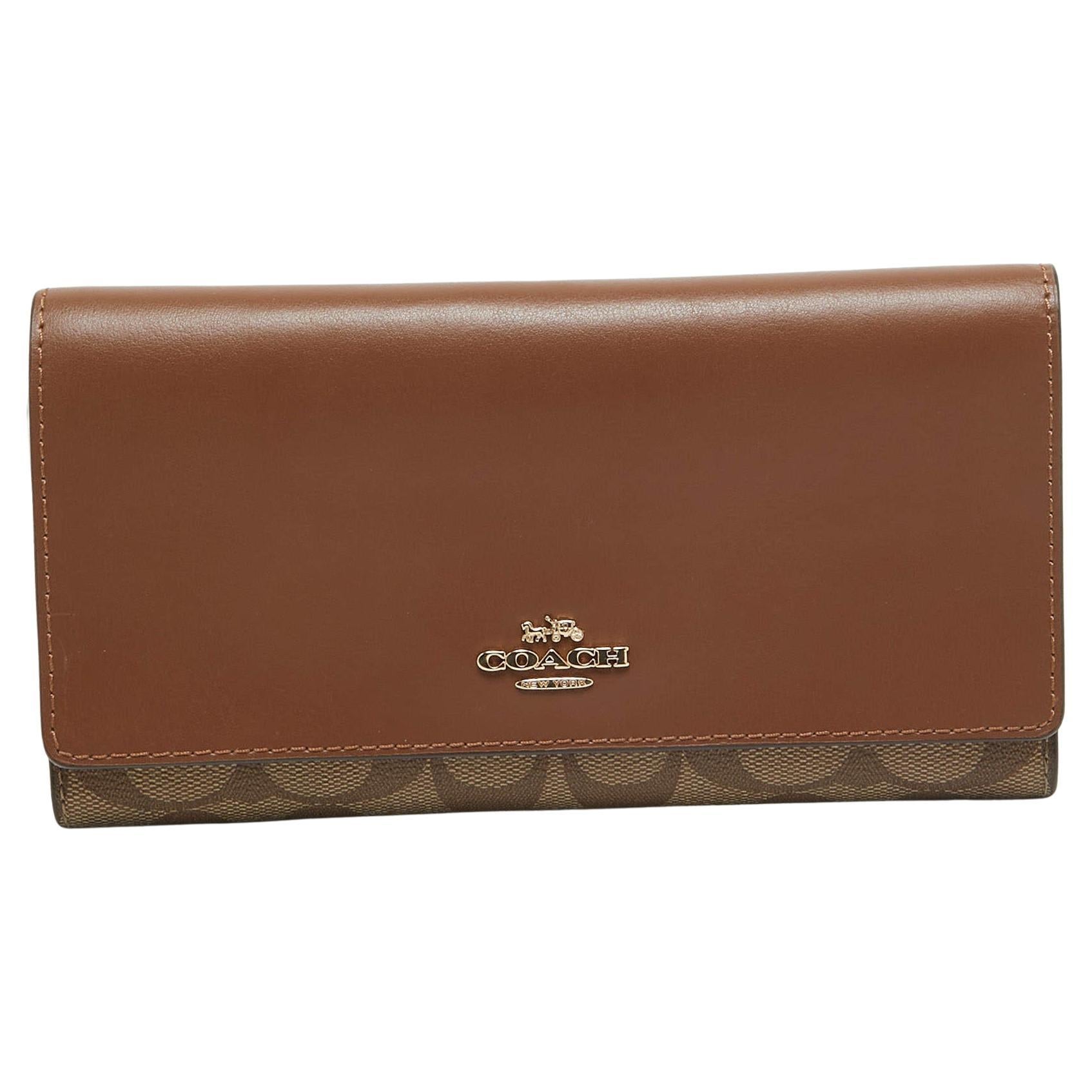 Coach Brown/Beige Signature Coated Canvas and Leather Trifold Long Wallet For Sale