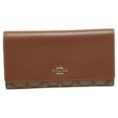 Coach Brown/Beige Signature Coated Canvas and Leather Trifold Long Wallet