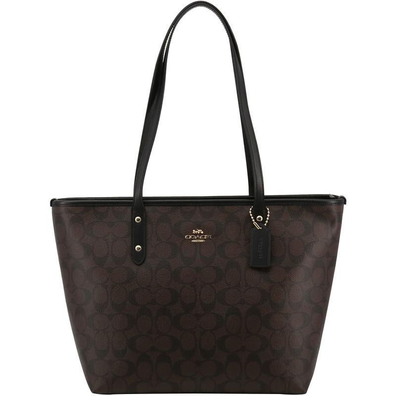 Women's Coach Brown/Black Signature Coated Canvas City Zip Tote For Sale