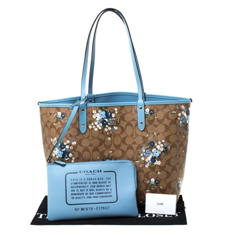 Coach Brown/Blue Floral Print And Signature Coated Canvas and Leather