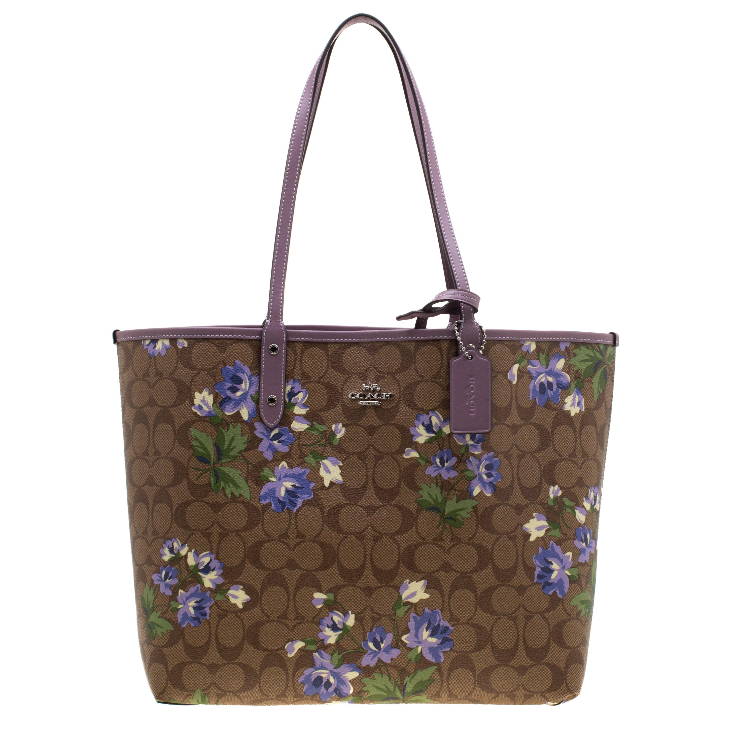 COACH F57668 REVERSIBLE CITY TOTE FLOWER PURPLE/RED/PINK/FLORAL BROWN MULTI