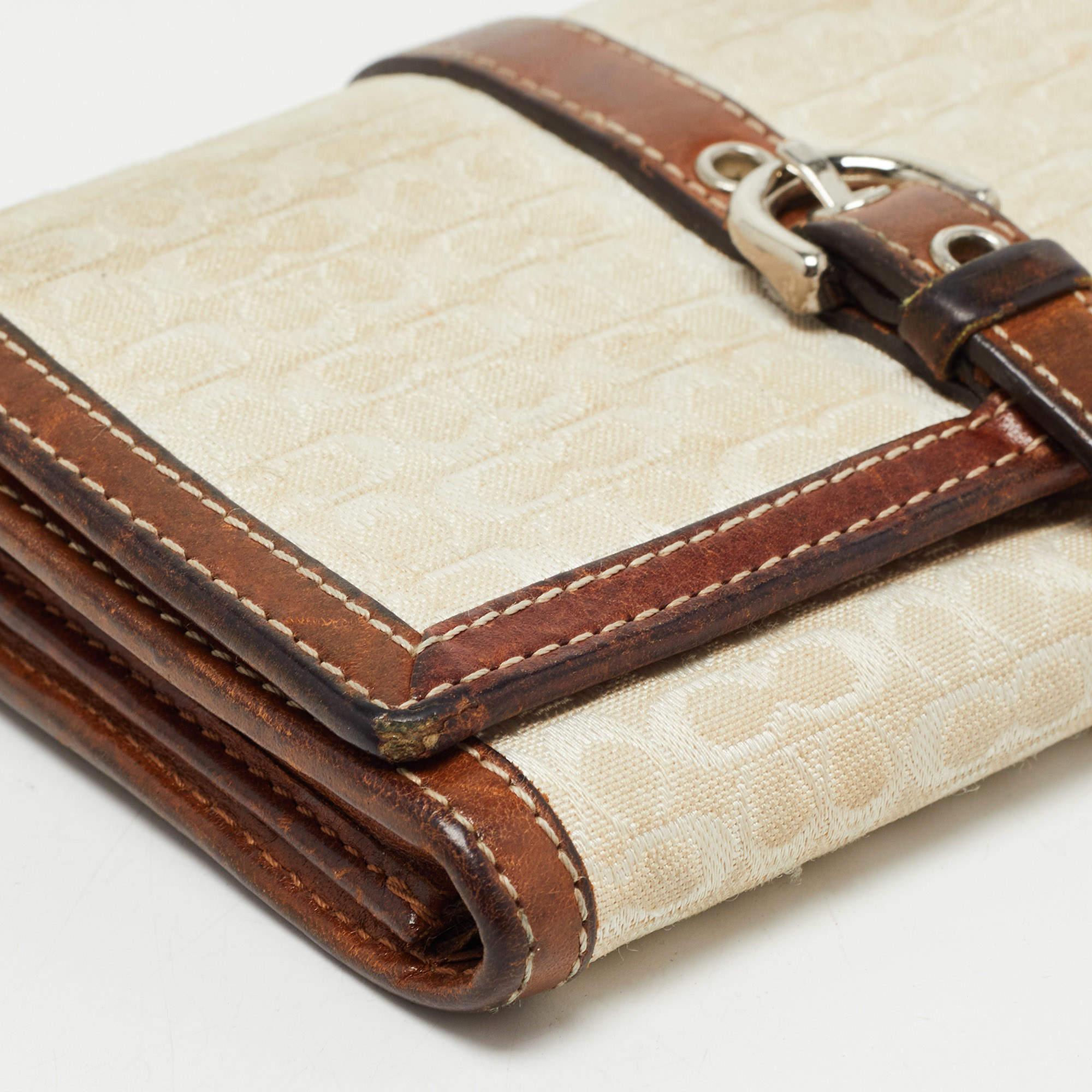 Coach Brown Signature Canvas and Leather Buckle Flap Wallet For Sale 5