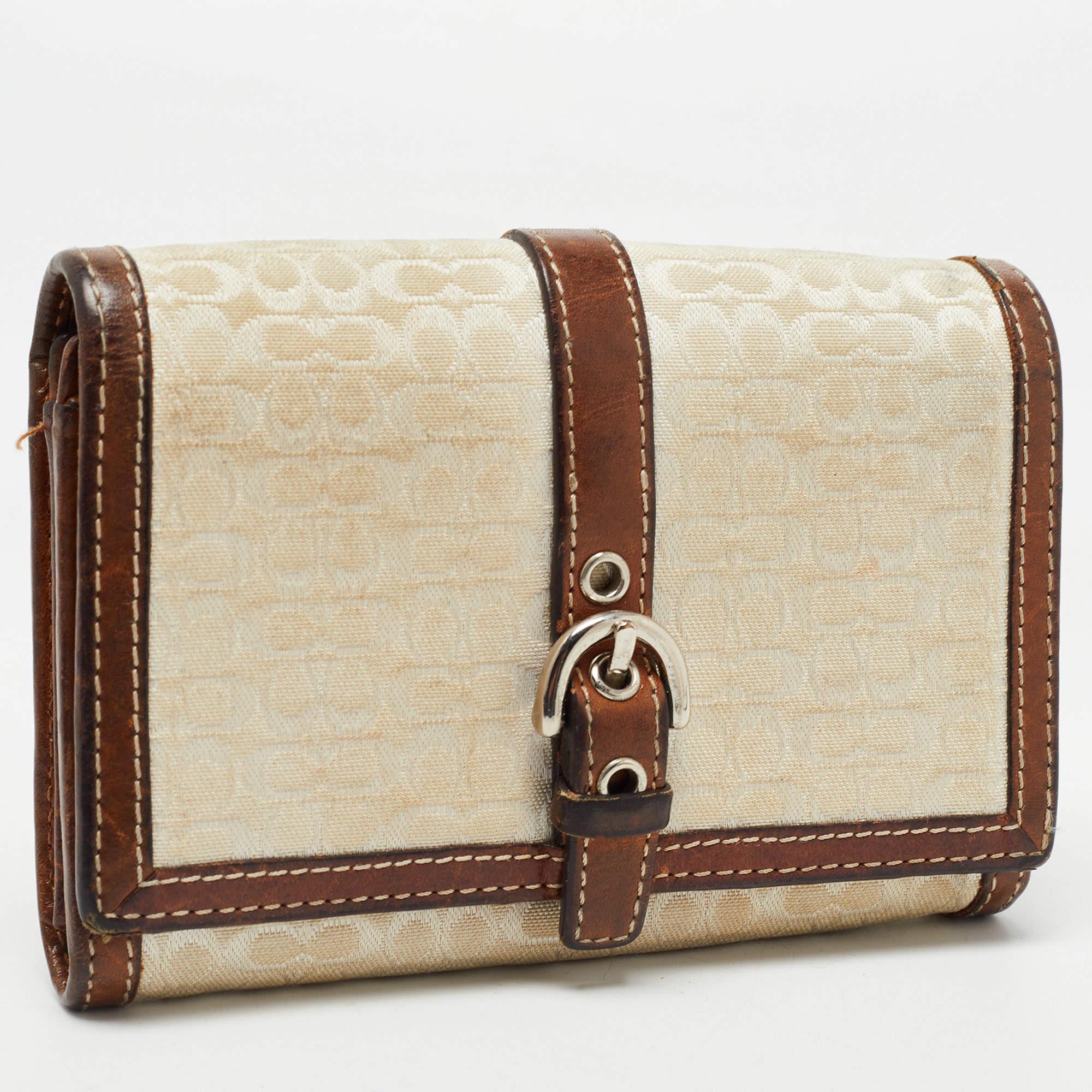 Women's Coach Brown Signature Canvas and Leather Buckle Flap Wallet For Sale