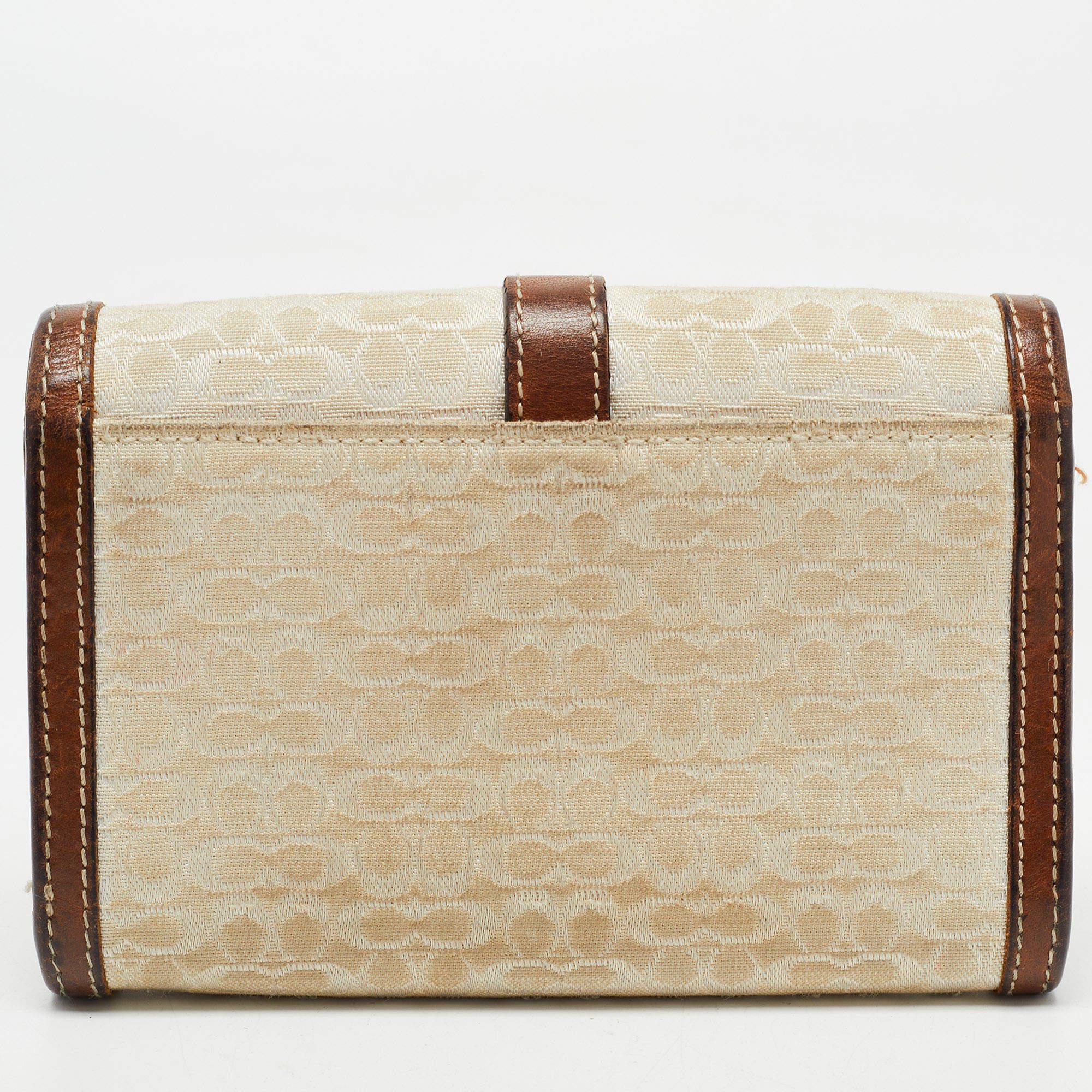 Coach Brown Signature Canvas and Leather Buckle Flap Wallet For Sale 1