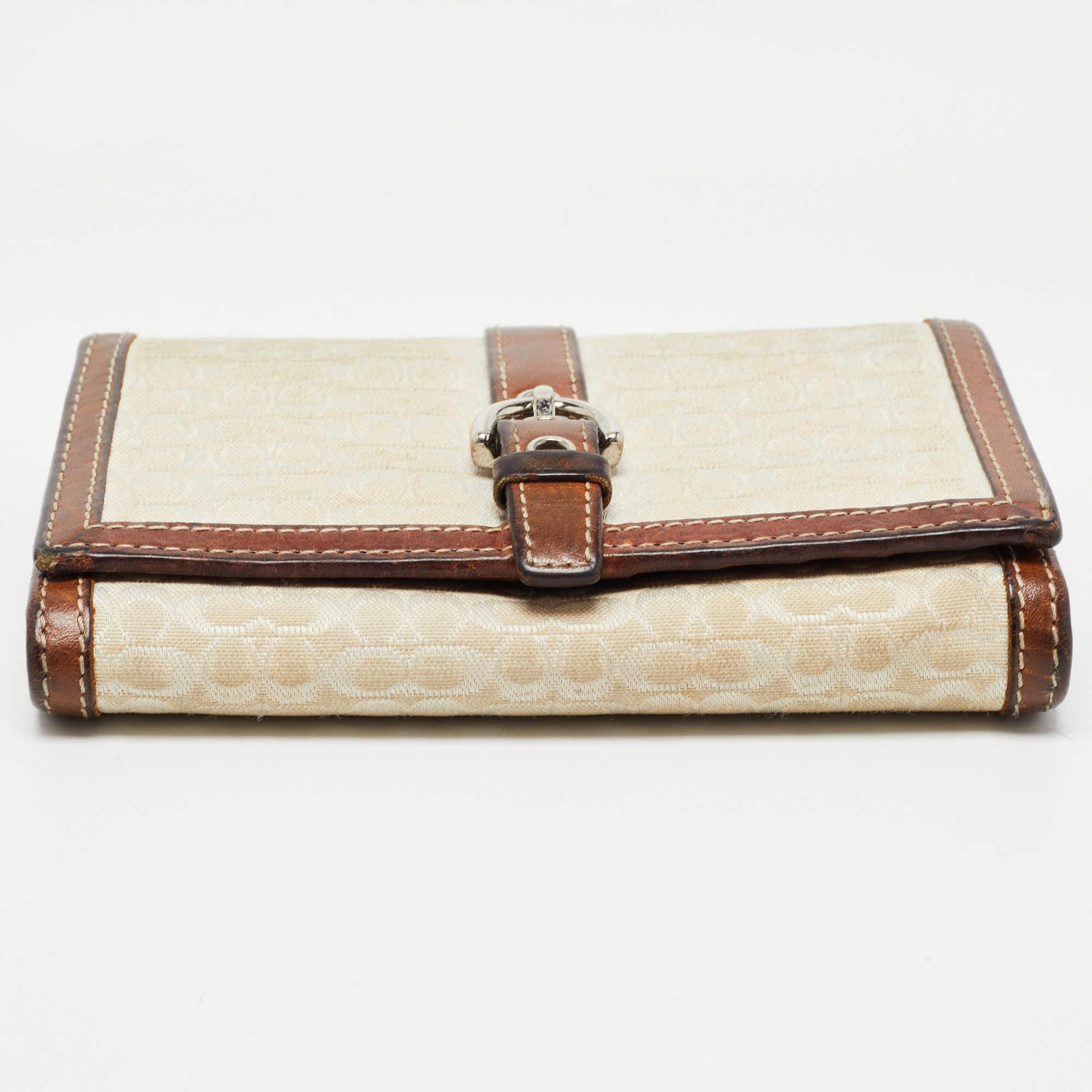 Coach Brown Signature Canvas and Leather Buckle Flap Wallet For Sale 3