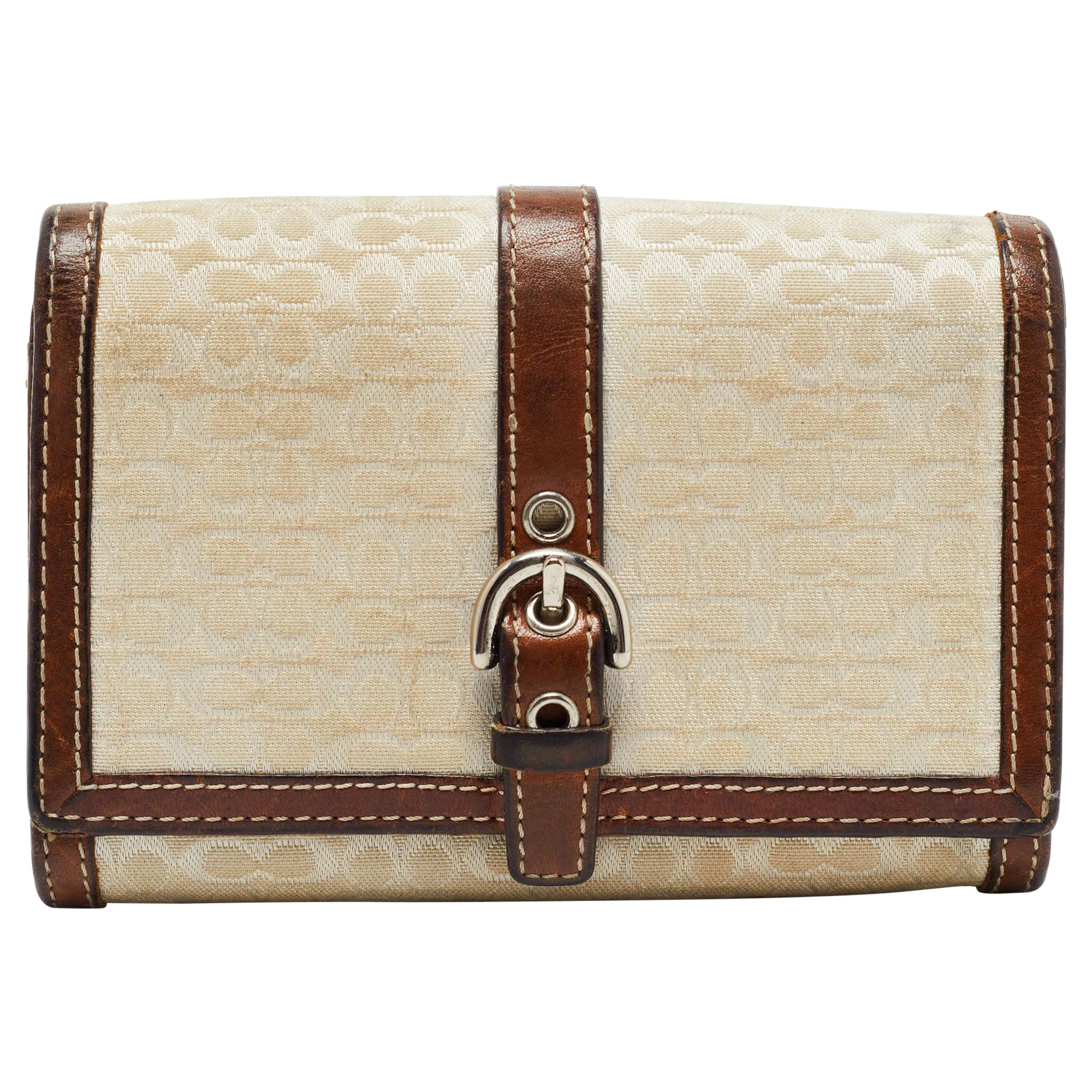 Coach Brown Signature Canvas and Leather Buckle Flap Wallet