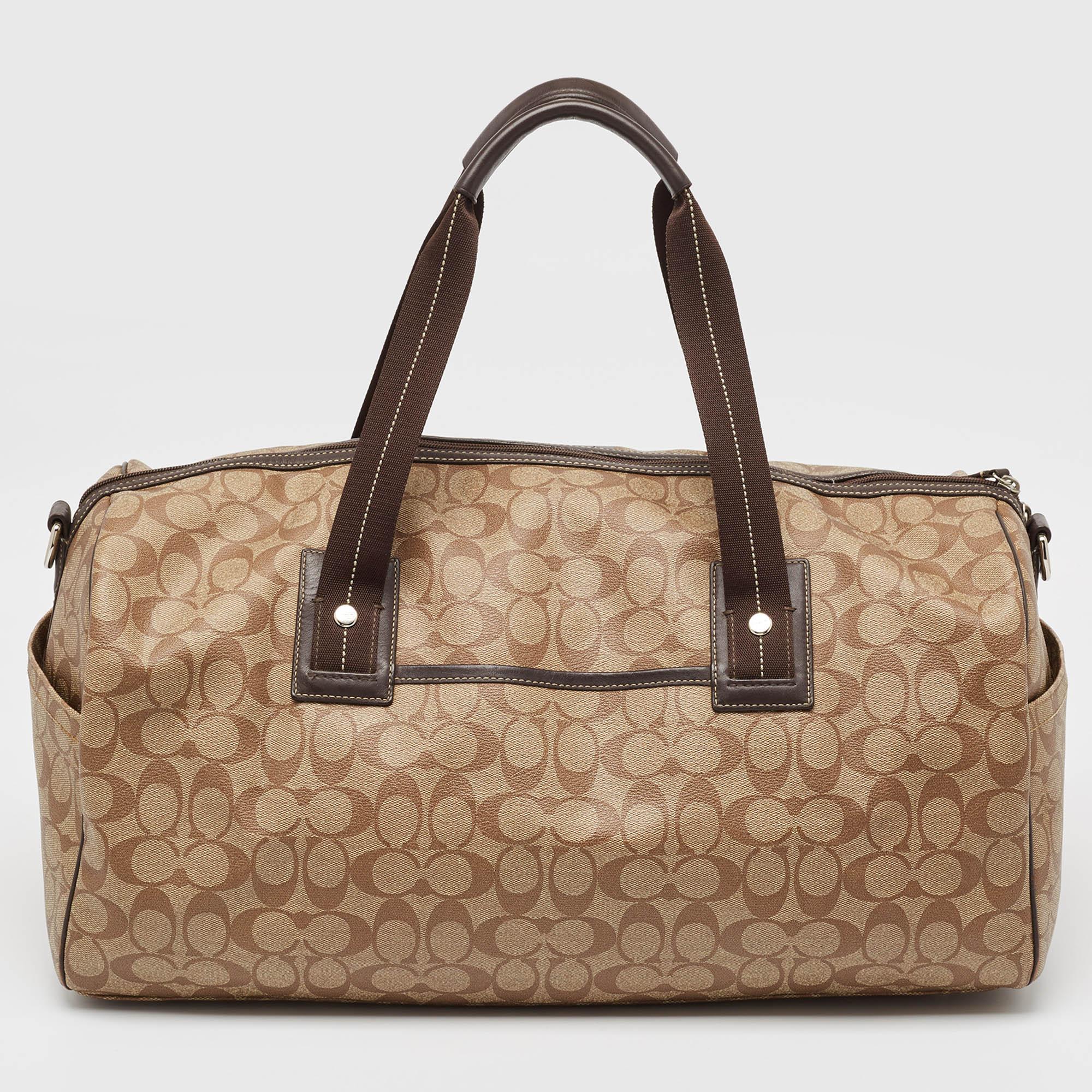 Men's Coach Brown Signature Coated Canvas Heritage Stripe Duffle Bag