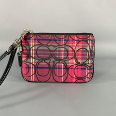 COACH Burgundy Black Plaid Patent Leather Fabric Wristlet