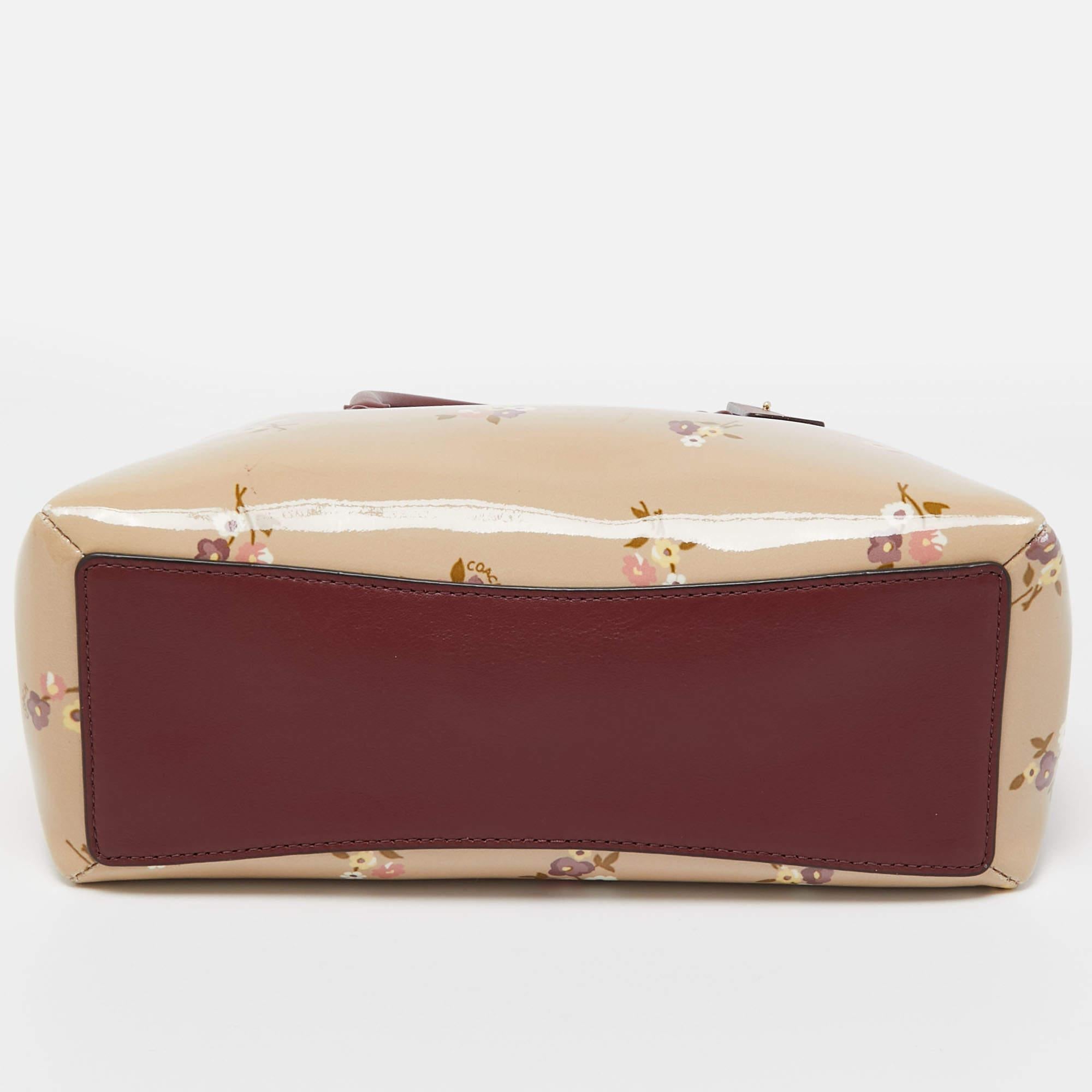 Coach Burgundy/Cream Floral Print Patent and Leather Mini Sage Carryall Satchel 6