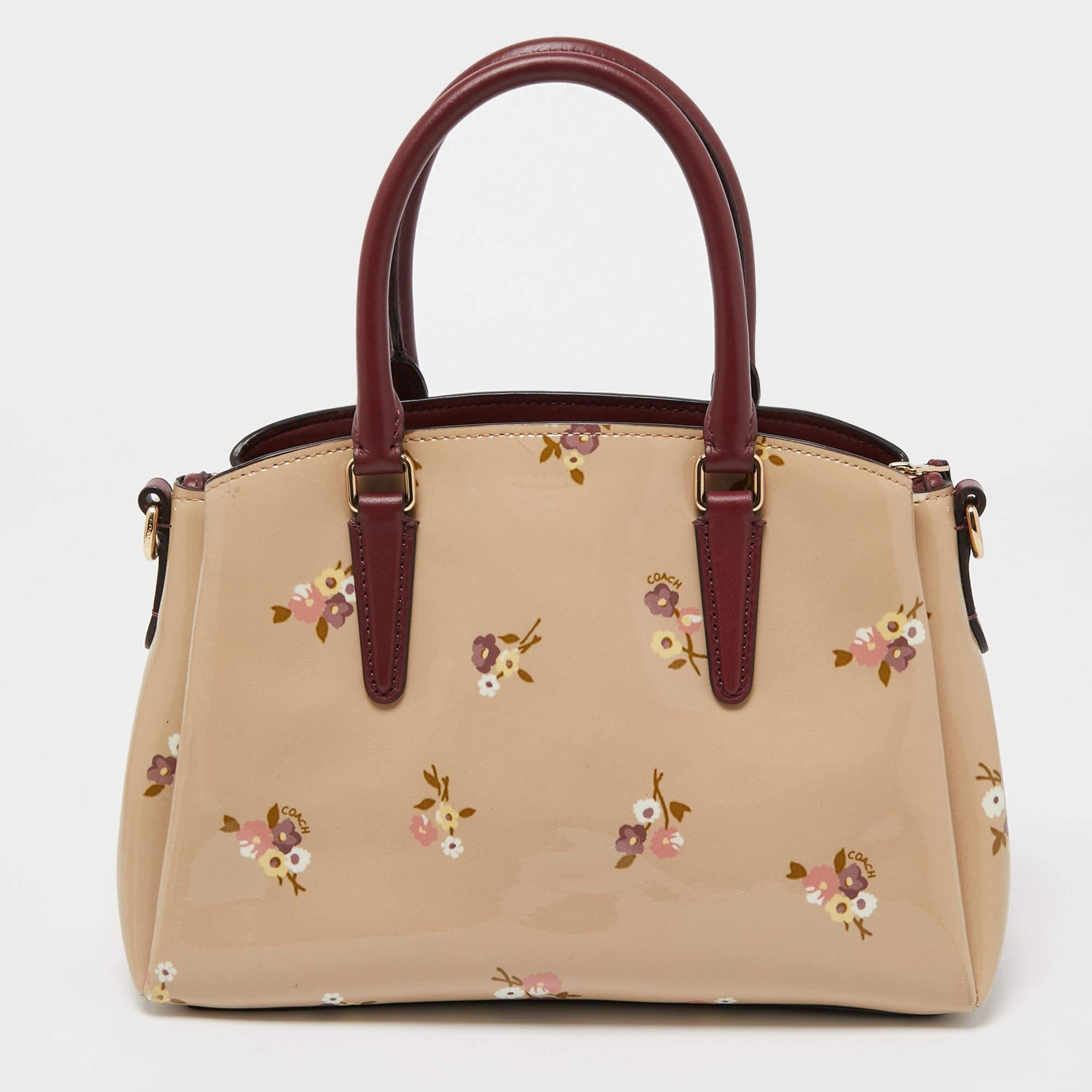 Women's Coach Burgundy/Cream Floral Print Patent and Leather Mini Sage Carryall Satchel