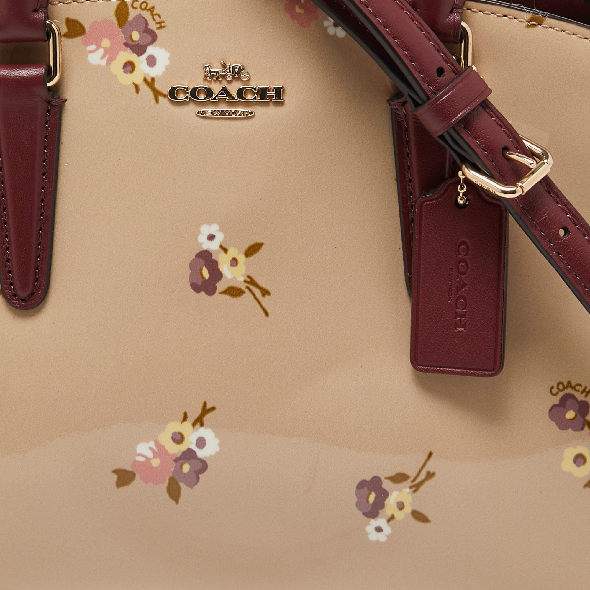 Coach Burgundy/Cream Floral Print Patent and Leather Mini Sage Carryall Satchel 1