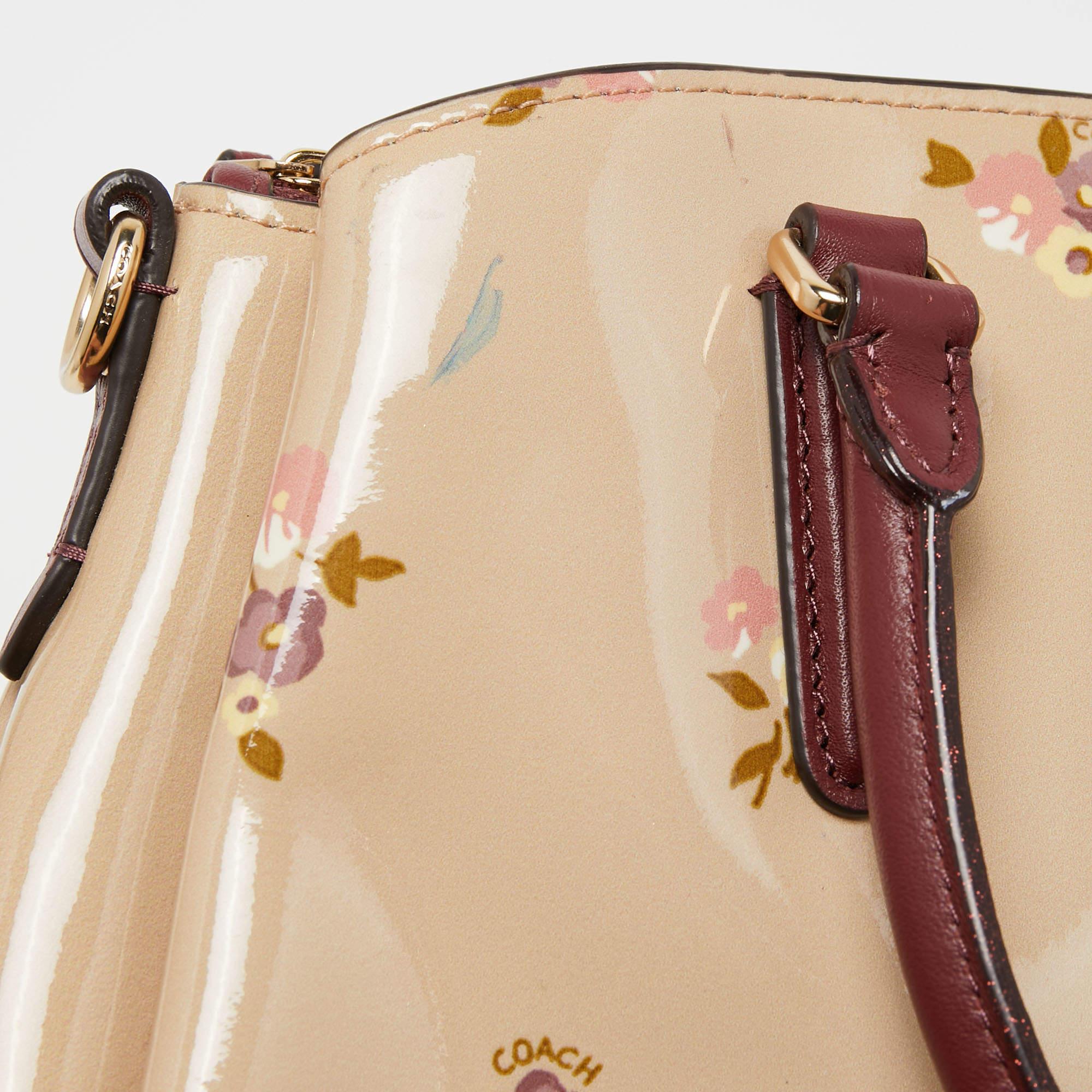 Coach Burgundy/Cream Floral Print Patent and Leather Mini Sage Carryall Satchel 3