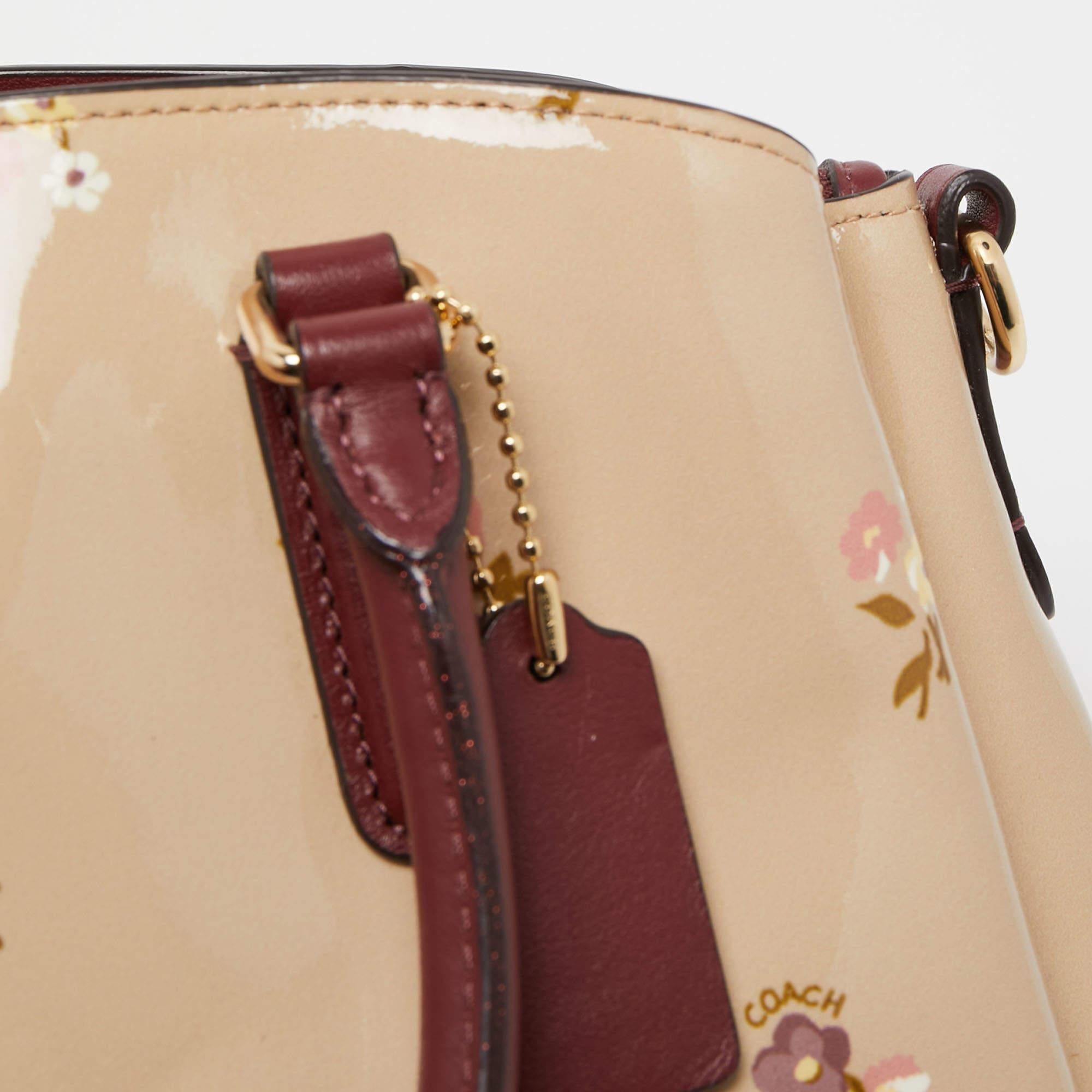 Coach Burgundy/Cream Floral Print Patent and Leather Mini Sage Carryall Satchel 4