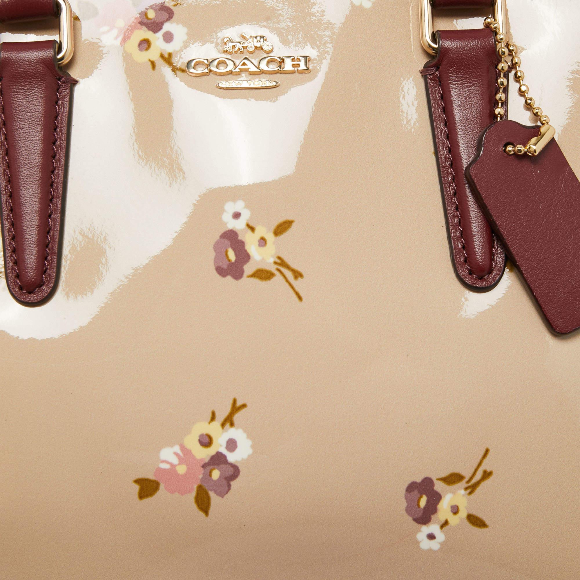 Coach Burgundy/Cream Floral Print Patent and Leather Mini Sage Carryall Satchel 5