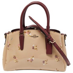 Coach Burgundy/Cream Floral Print Patent and Leather Mini Sage Carryall Satchel
