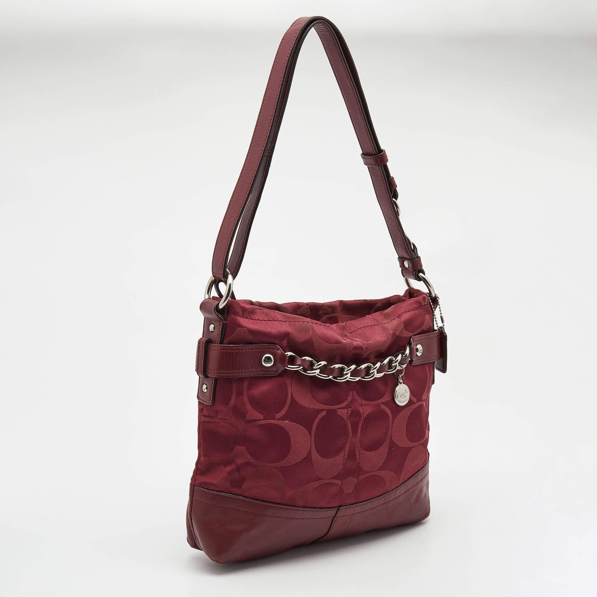 Brown Coach Burgundy Signature Satin and Leather Chain Detail Hobo