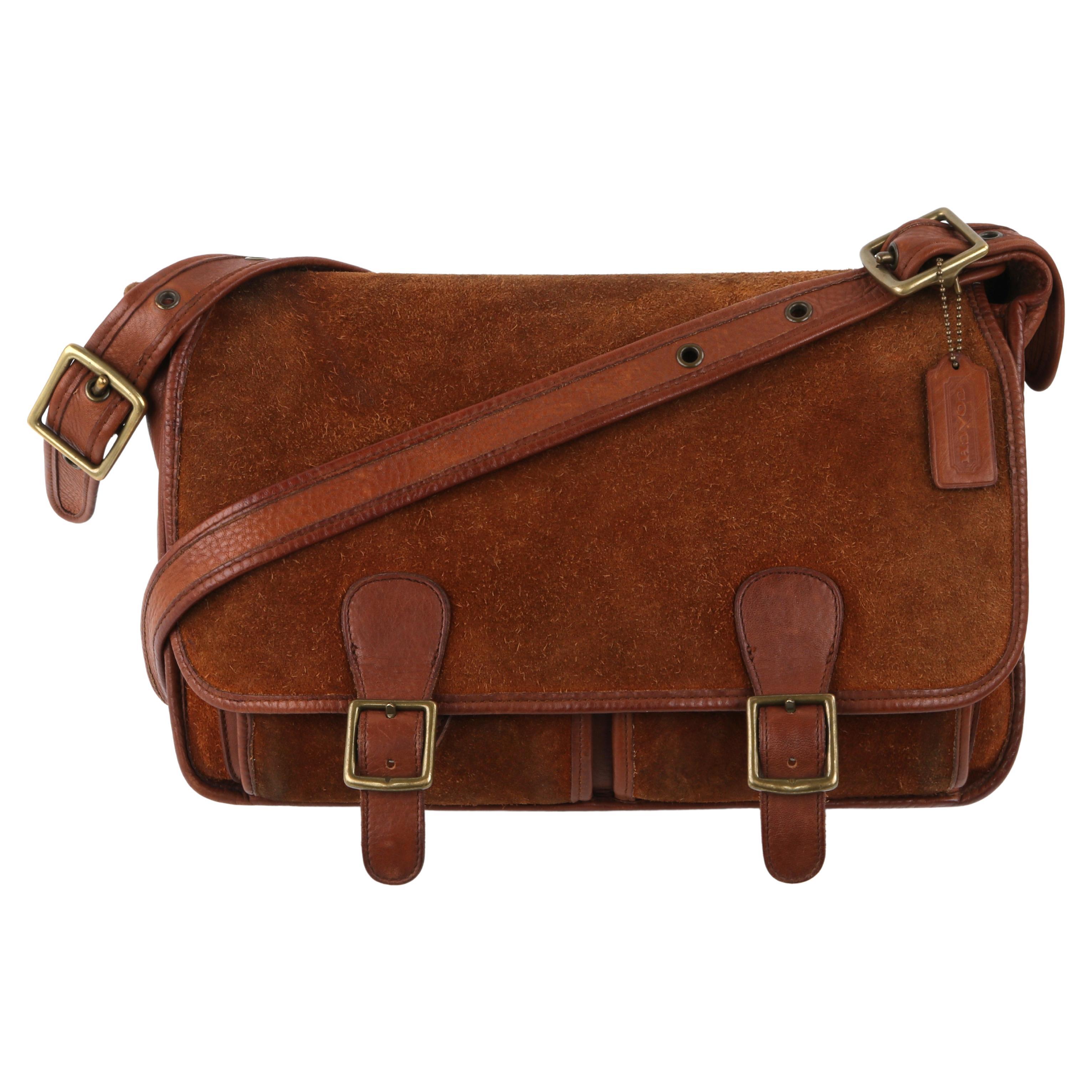 COACH c.1996 Vtg Brown Suede Leather Crossbody Messenger Field Bag Purse Handbag For Sale