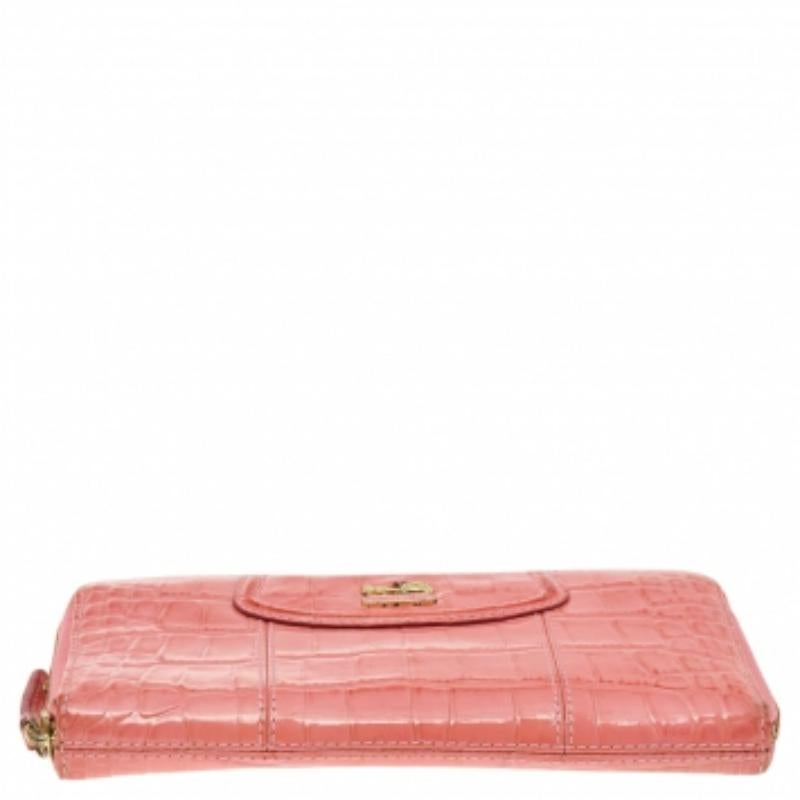 Coach Coral Pink Croc Embossed Leather Zip Around Wallet 6