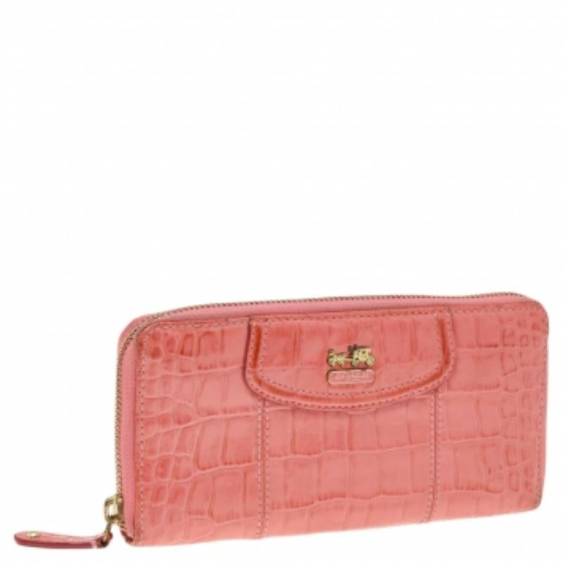 Coach Coral Pink Croc Embossed Leather Zip Around Wallet 1