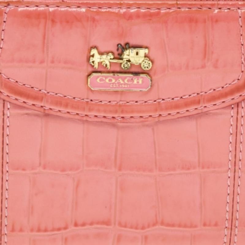 Coach Coral Pink Croc Embossed Leather Zip Around Wallet 2