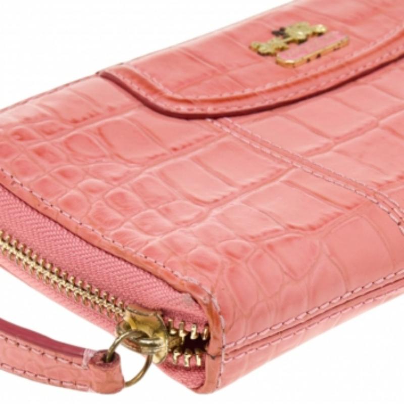 Coach Coral Pink Croc Embossed Leather Zip Around Wallet 3