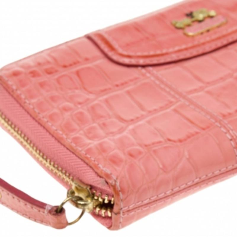 Coach Coral Pink Croc Embossed Leather Zip Around Wallet 4