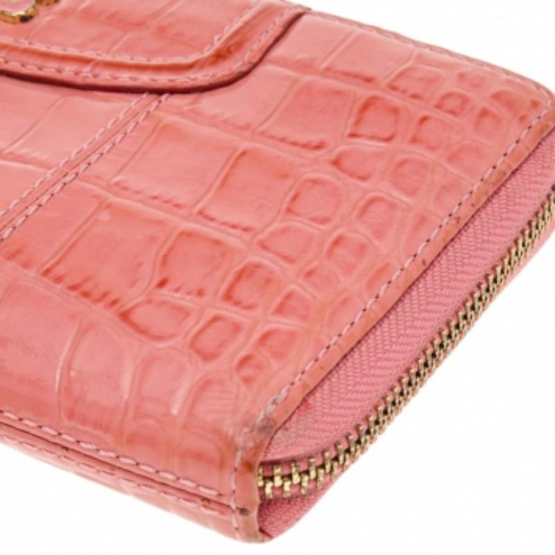 Coach Coral Pink Croc Embossed Leather Zip Around Wallet 5